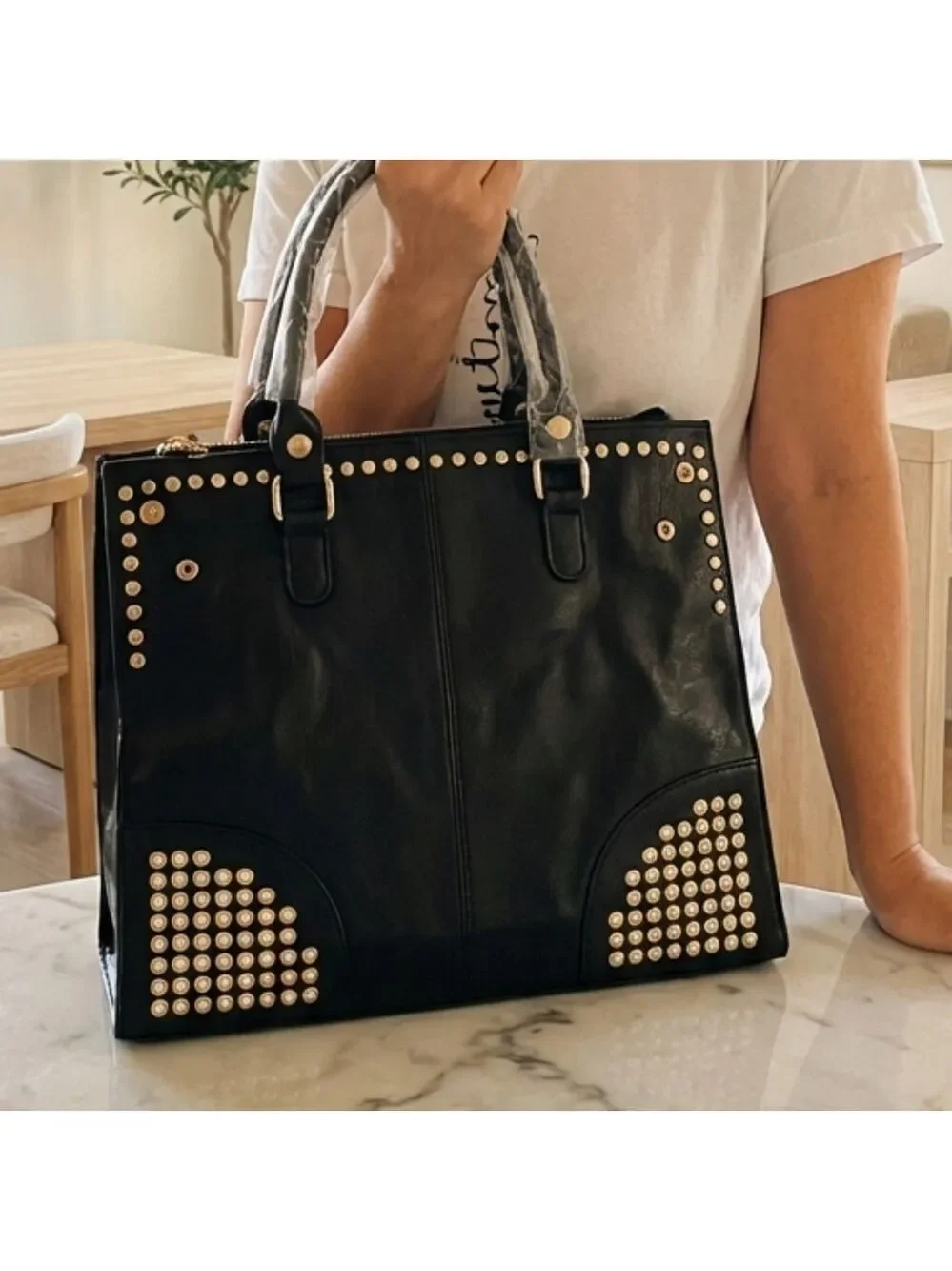Black Vegan Leather Rivet Satchel Tote Top Handle Shoulder Bag Adjustable Strap